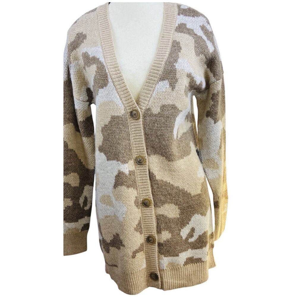Lucky Brand Neutral Camo Cardigan Longline Cozy Knit Sweater NWT Small - Picture 2 of 9